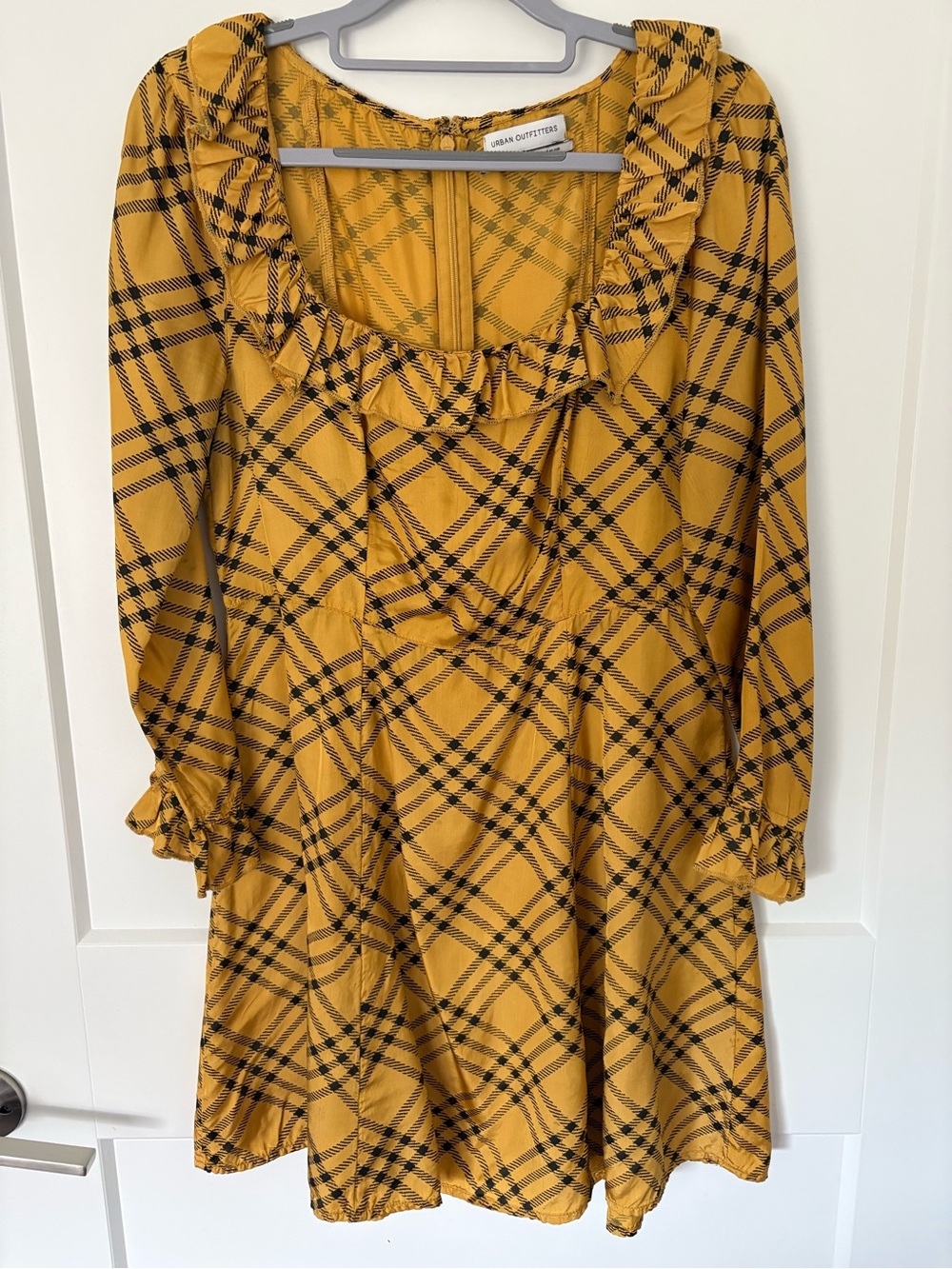 Urban Outfitters “Kristen” Plaid Long Sleeve Ruffle Dress | Black & Yellow - M
